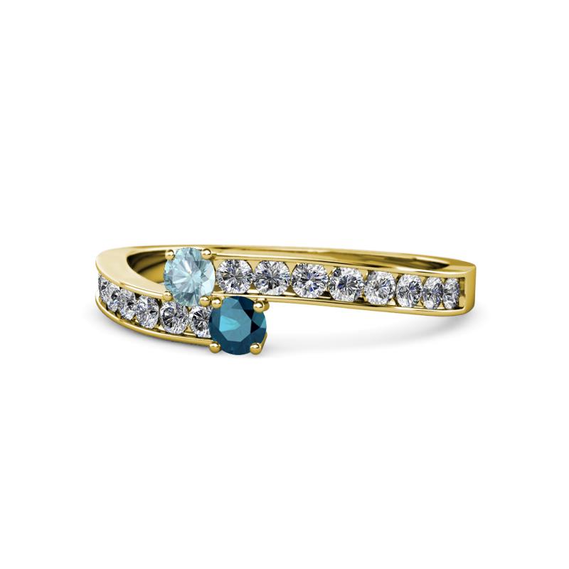 Orane Aquamarine and Blue Diamond with Side Diamonds Bypass Ring 