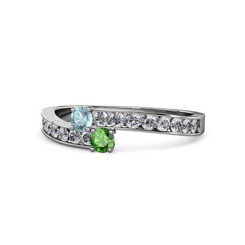 Orane Aquamarine and Green Garnet with Side Diamonds Bypass Ring 