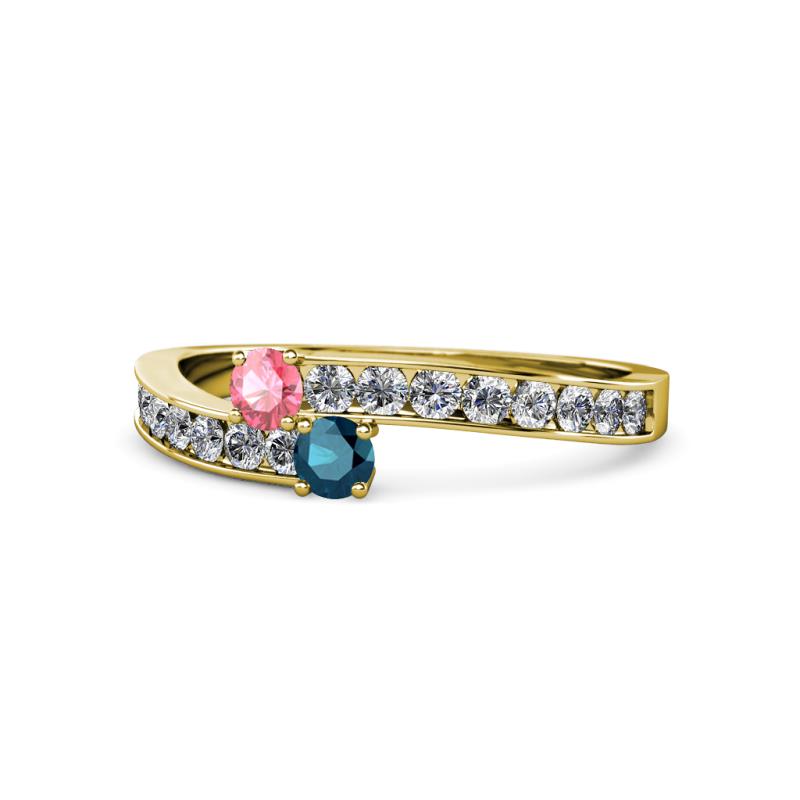 Orane Pink Tourmaline and Blue Diamond with Side Diamonds Bypass Ring 