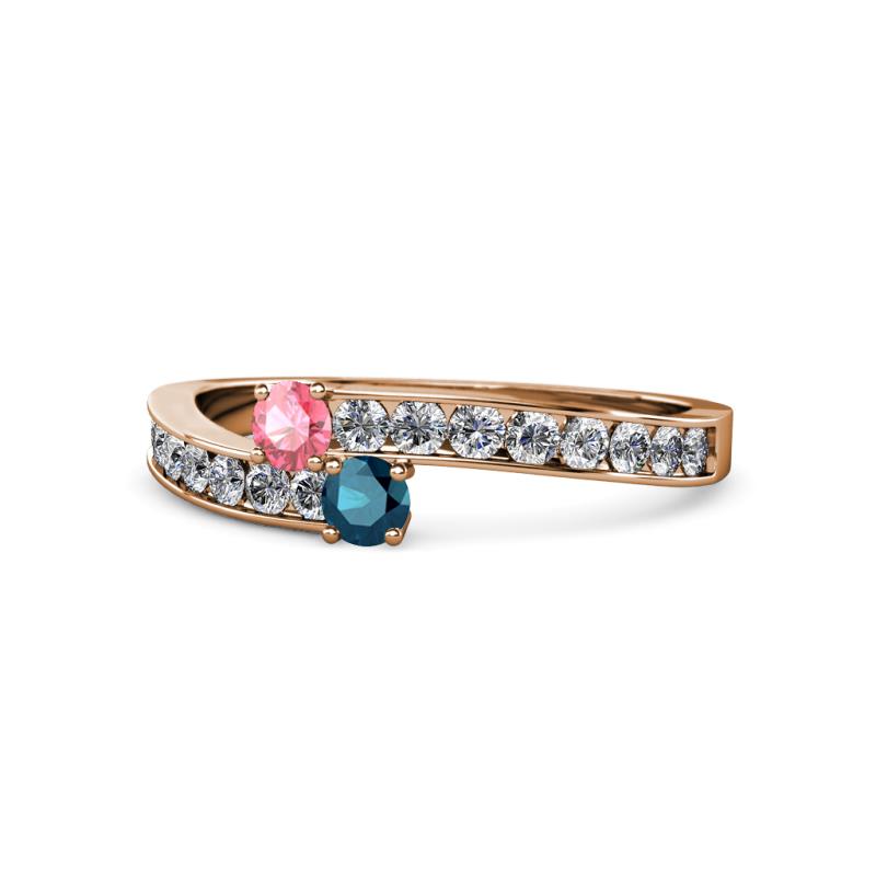 Orane Pink Tourmaline and Blue Diamond with Side Diamonds Bypass Ring 