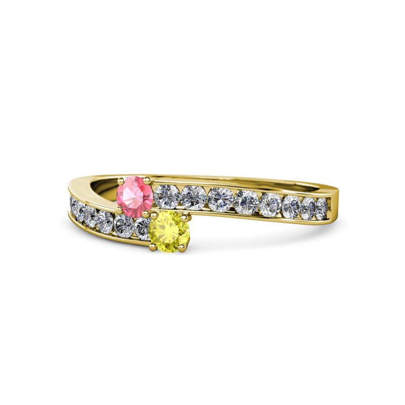 Orane Pink Tourmaline and Yellow Diamond with Side Diamonds Bypass Ring 