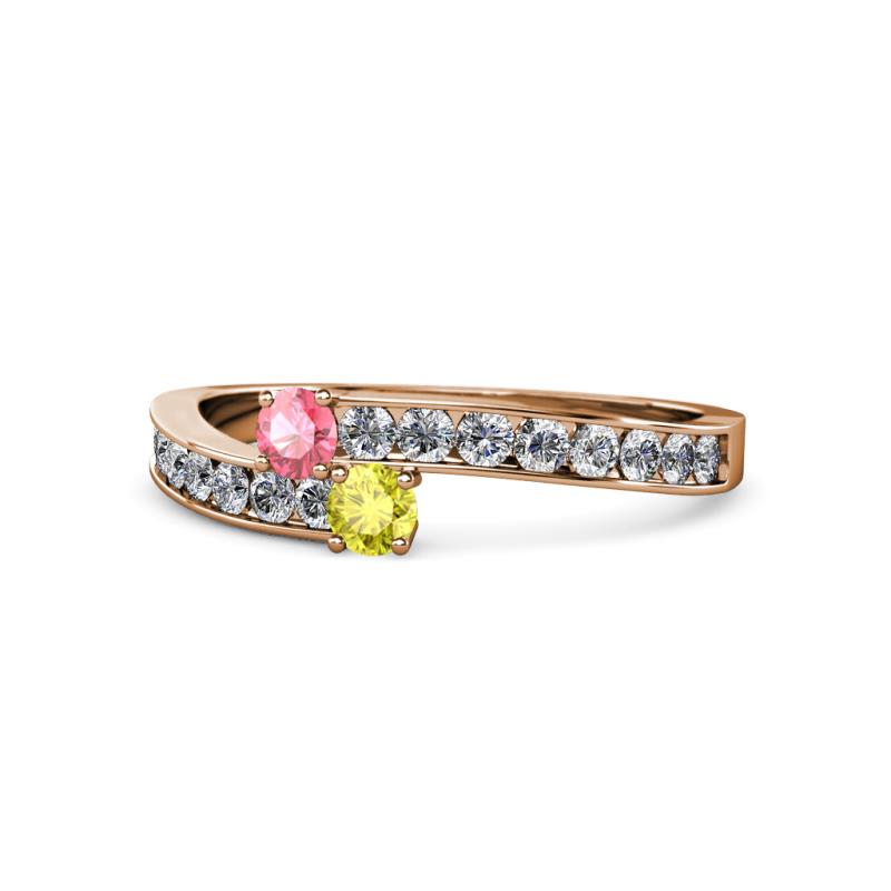 Orane Pink Tourmaline and Yellow Diamond with Side Diamonds Bypass Ring 