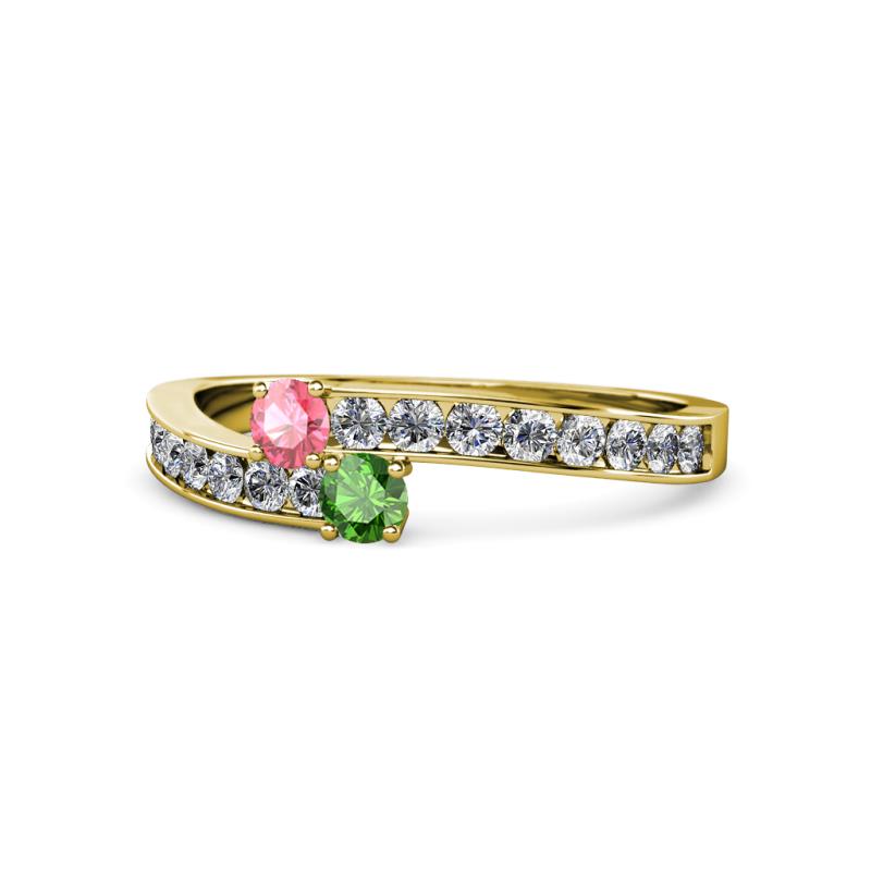 Orane Pink Tourmaline and Green Garnet with Side Diamonds Bypass Ring 