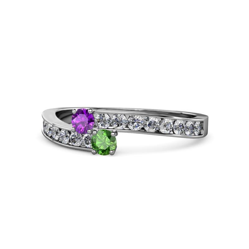 Orane Amethyst and Green Garnet with Side Diamonds Bypass Ring 