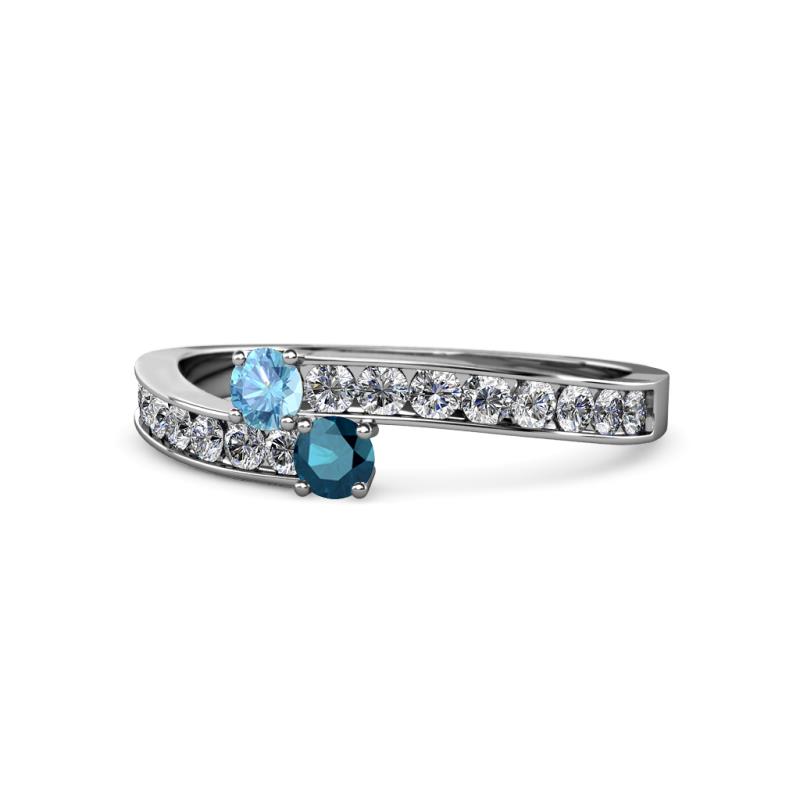 Orane Blue Topaz and Blue Diamond with Side Diamonds Bypass Ring 