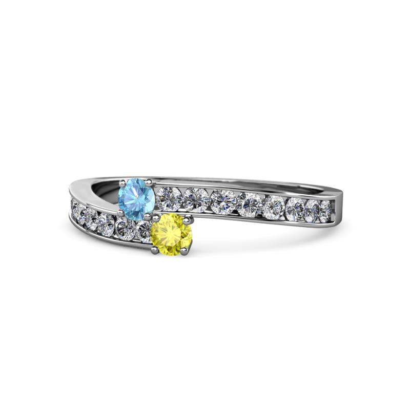 Orane Blue Topaz and Yellow Diamond with Side Diamonds Bypass Ring 