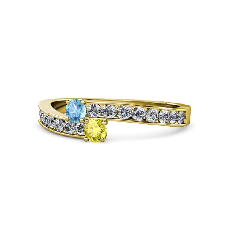 Orane Blue Topaz and Yellow Diamond with Side Diamonds Bypass Ring 