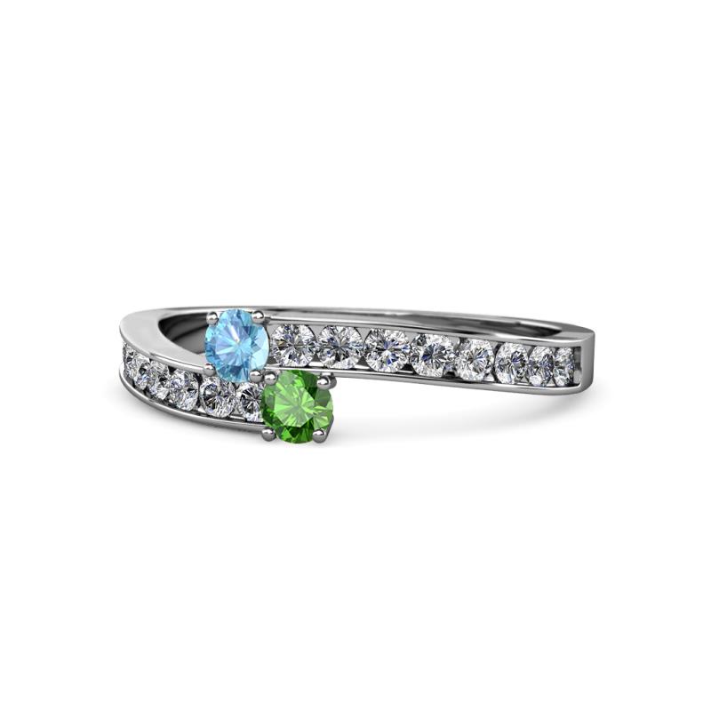 Orane Blue Topaz and Green Garnet with Side Diamonds Bypass Ring 