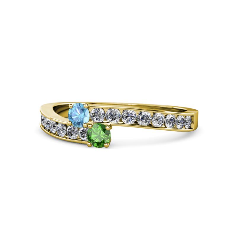 Orane Blue Topaz and Green Garnet with Side Diamonds Bypass Ring 