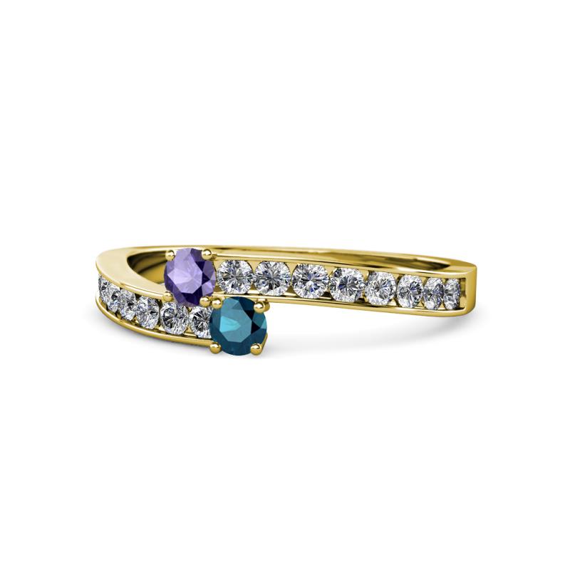 Orane Iolite and Blue Diamond with Side Diamonds Bypass Ring 