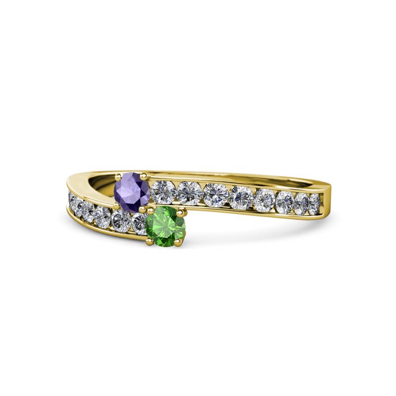 Orane Iolite and Green Garnet with Side Diamonds Bypass Ring 