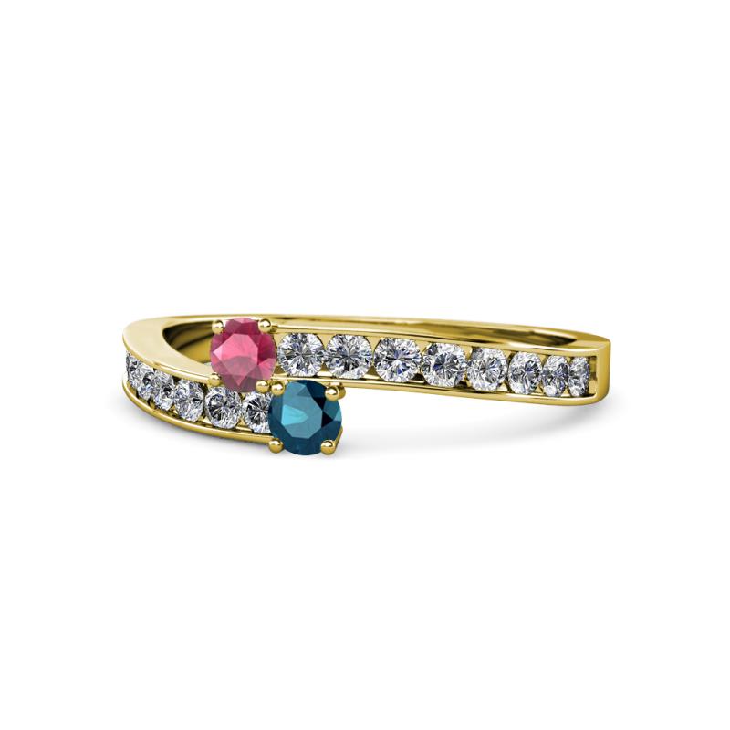 Orane Rhodolite Garnet and Blue Diamond with Side Diamonds Bypass Ring 
