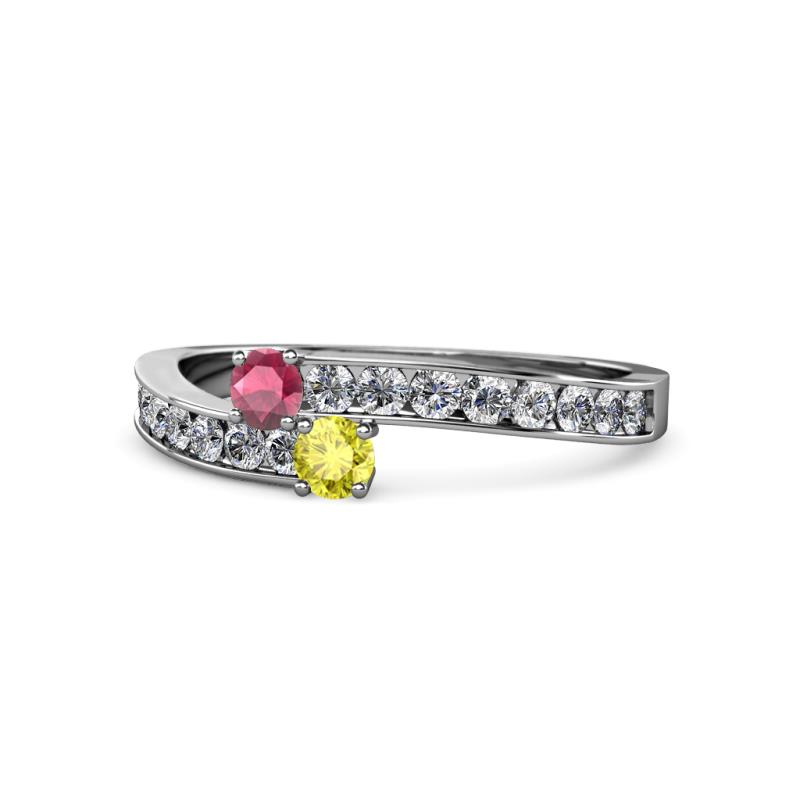 Orane Rhodolite Garnet and Yellow Diamond with Side Diamonds Bypass Ring 