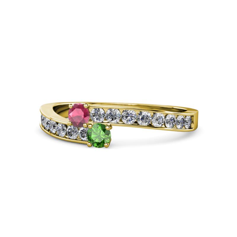 Orane Rhodolite and Green Garnet with Side Diamonds Bypass Ring 