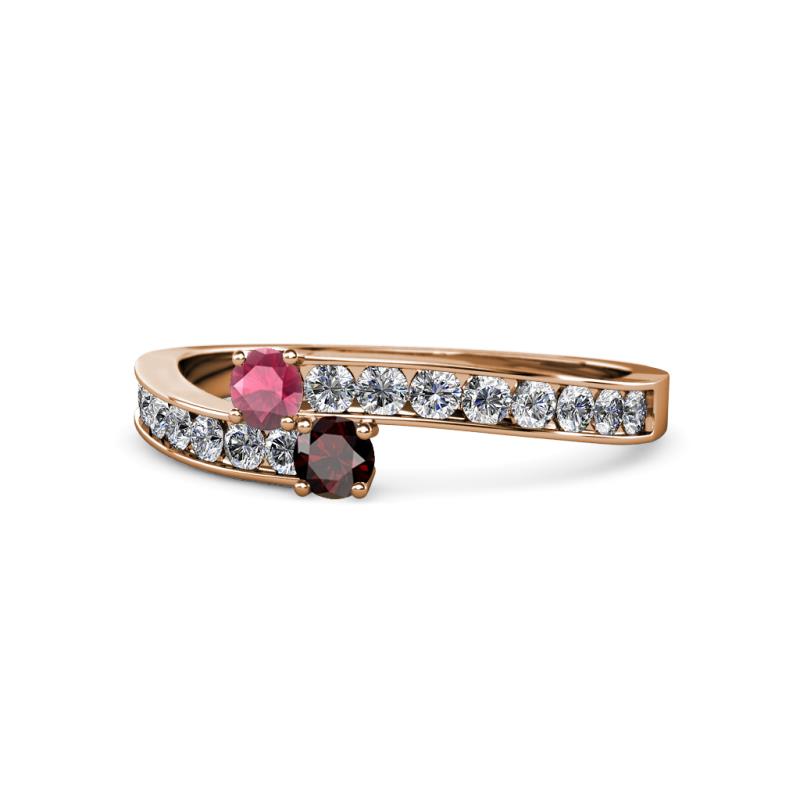 Orane Rhodolite and Red Garnet with Side Diamonds Bypass Ring 