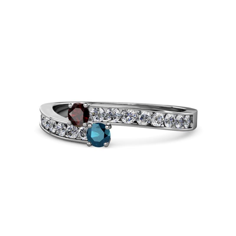 Orane Red Garnet and Blue Diamond with Side Diamonds Bypass Ring 