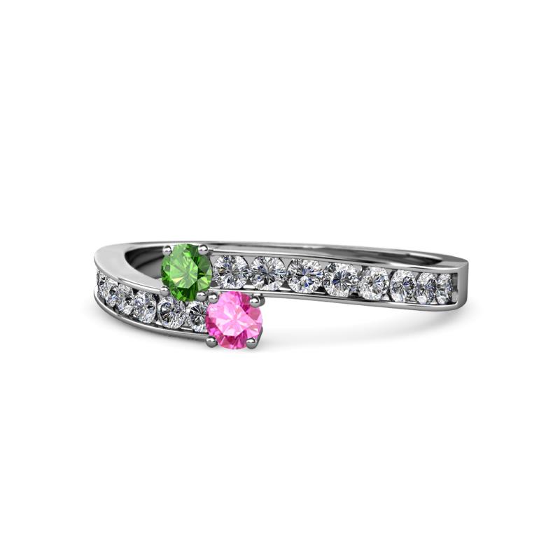Orane Green Garnet and Pink Sapphire with Side Diamonds Bypass Ring 