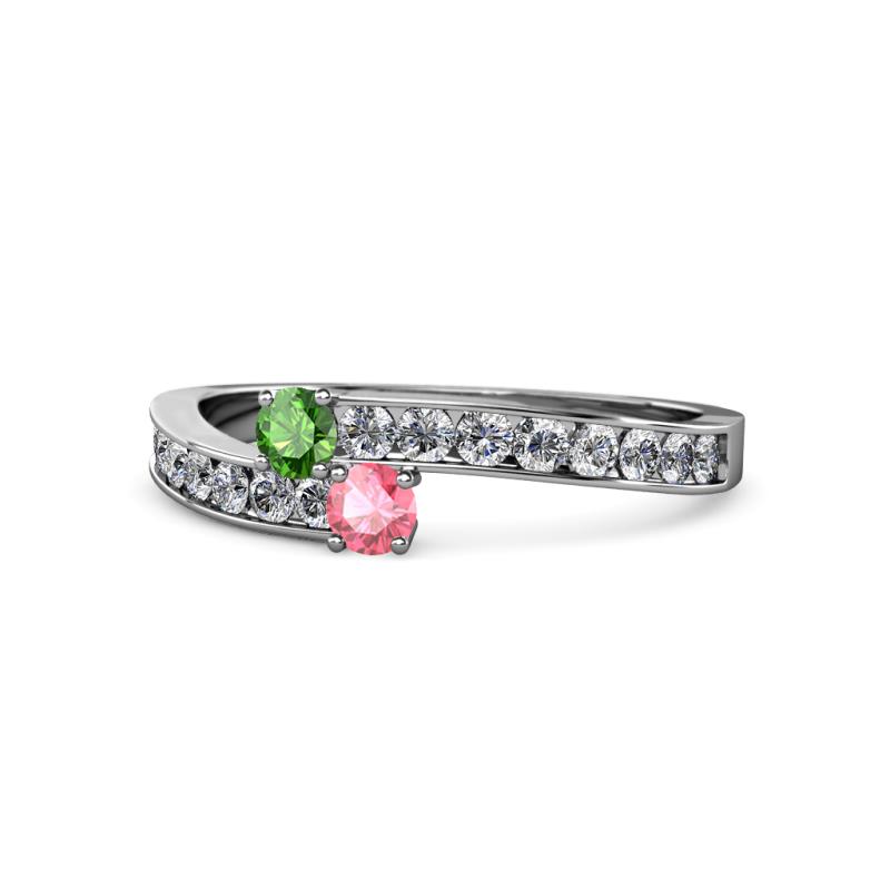 Orane Green Garnet and Pink Tourmaline with Side Diamonds Bypass Ring 