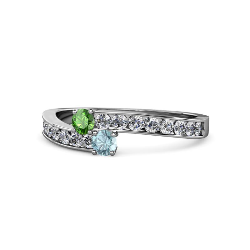 Orane Green Garnet and Aquamarine with Side Diamonds Bypass Ring 