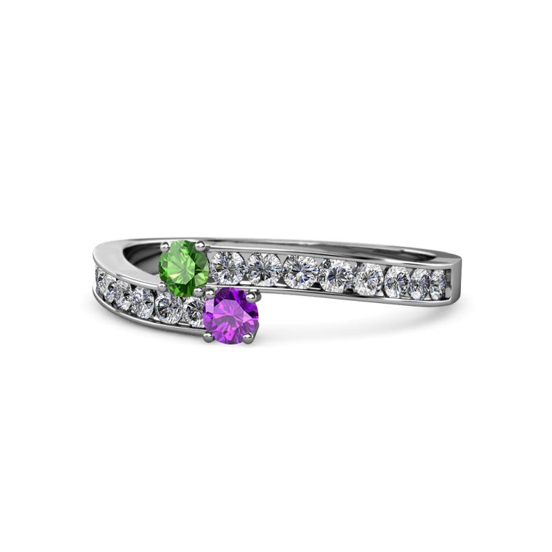 Orane Green Garnet and Amethyst with Side Diamonds Bypass Ring 