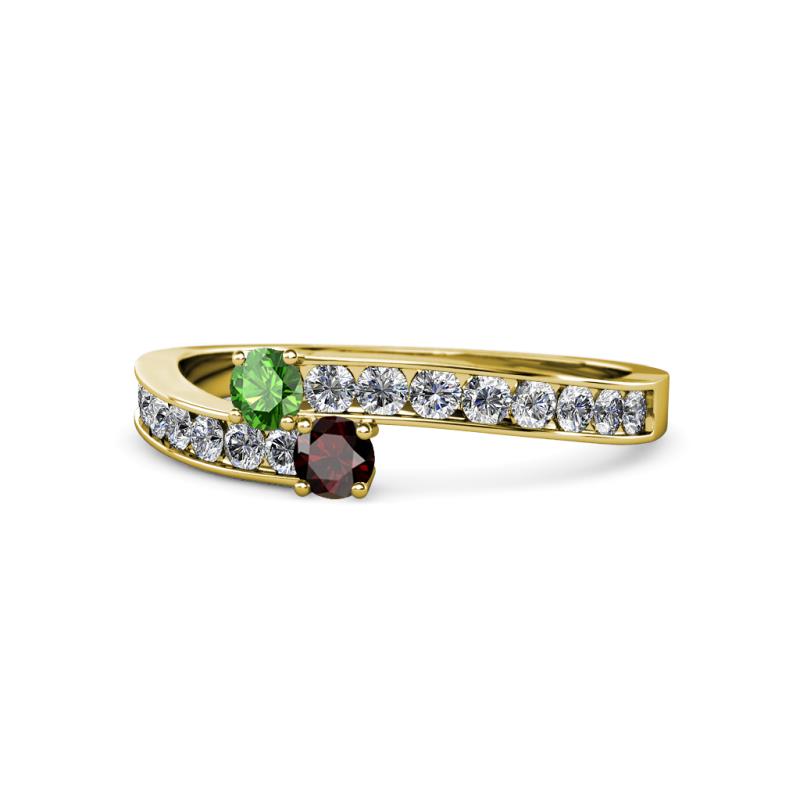 Orane Green and Red Garnet with Side Diamonds Bypass Ring 