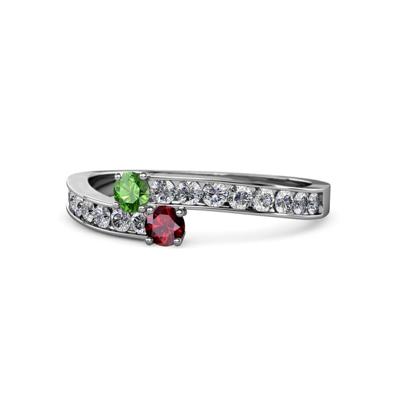 Orane Green Garnet and Ruby with Side Diamonds Bypass Ring 