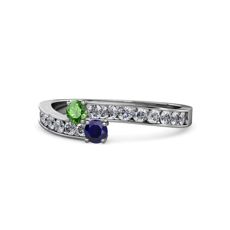 Orane Green Garnet and Blue Sapphire with Side Diamonds Bypass Ring 