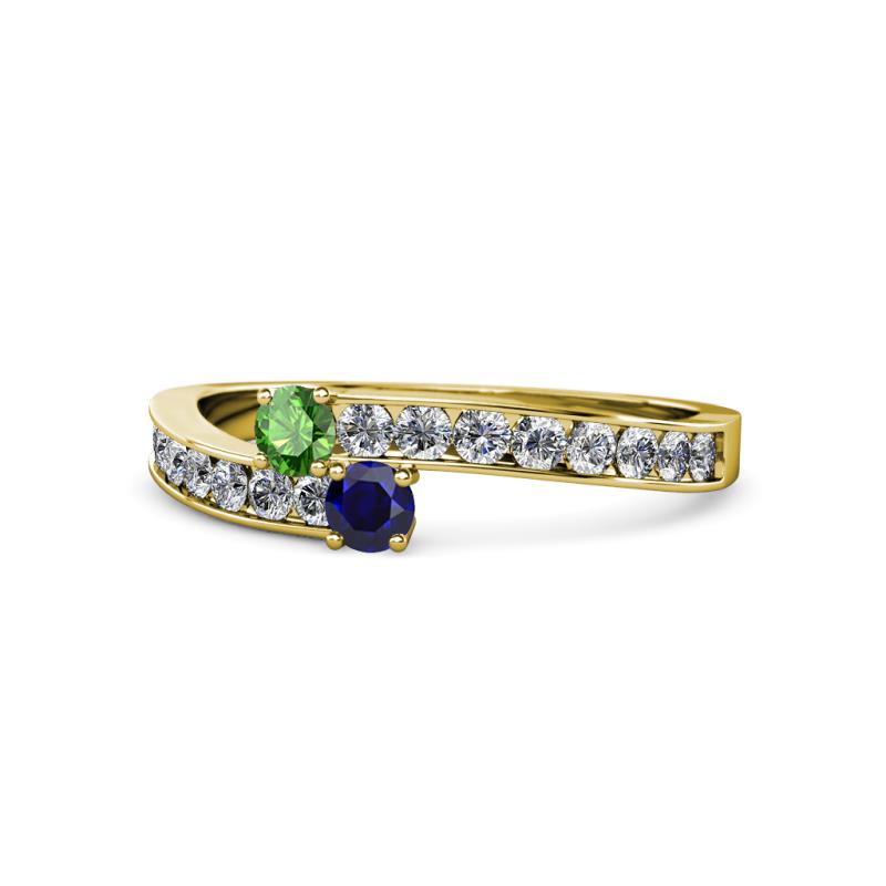 Orane Green Garnet and Blue Sapphire with Side Diamonds Bypass Ring 