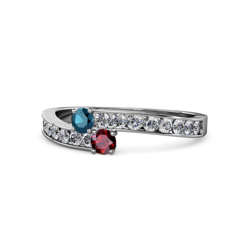 Orane Blue Diamond and Ruby with Side Diamonds Bypass Ring 