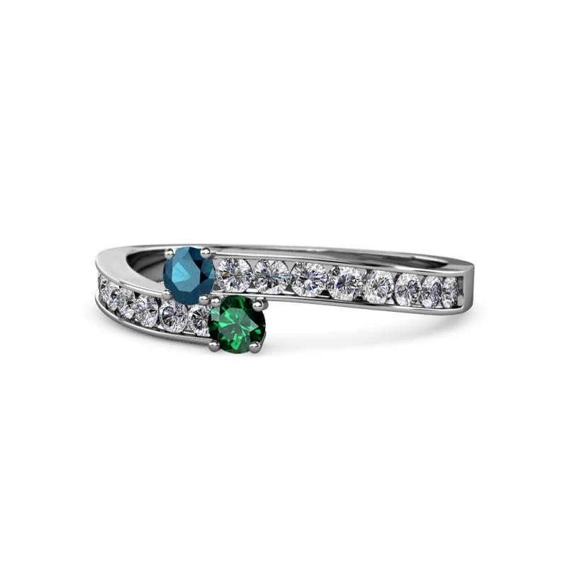 Orane Blue Diamond and Emerald with Side Diamonds Bypass Ring 