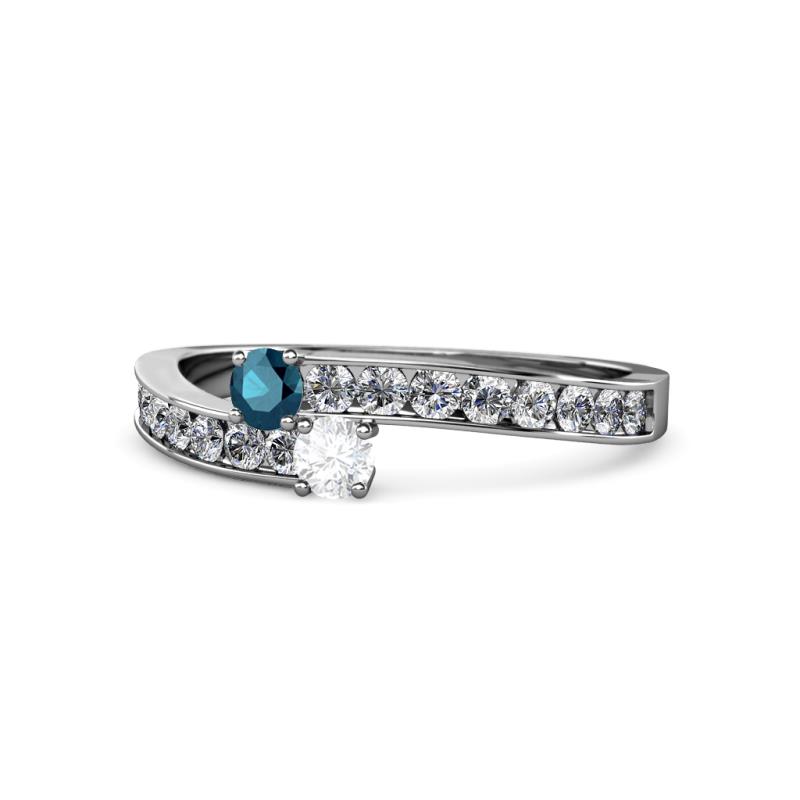 Orane Blue Diamond and White Sapphire with Side Diamonds Bypass Ring 