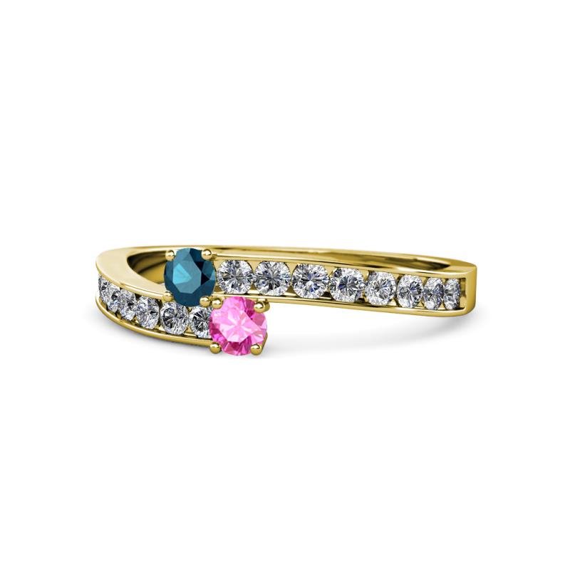 Orane Blue Diamond and Pink Sapphire with Side Diamonds Bypass Ring 
