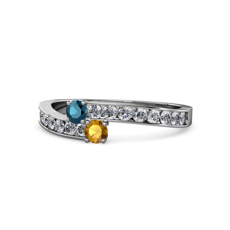 Orane Blue Diamond and Citrine with Side Diamonds Bypass Ring 