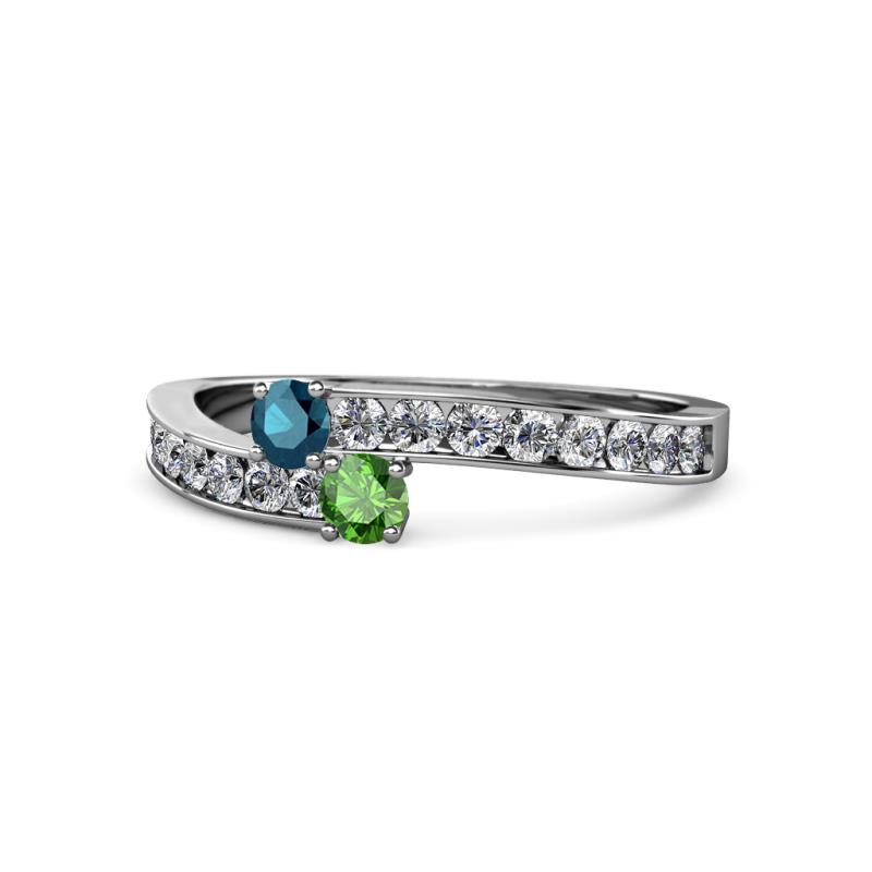 Orane Blue Diamond and Green Garnet with Side Diamonds Bypass Ring 