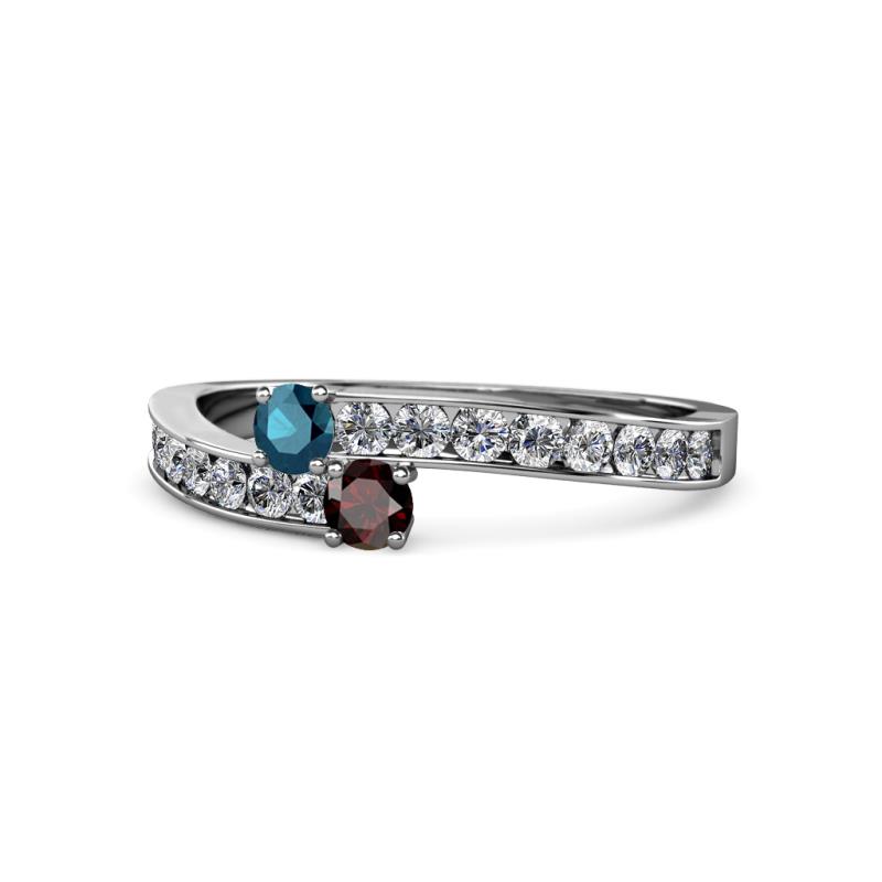 Orane Blue Diamond and Red Garnet with Side Diamonds Bypass Ring 