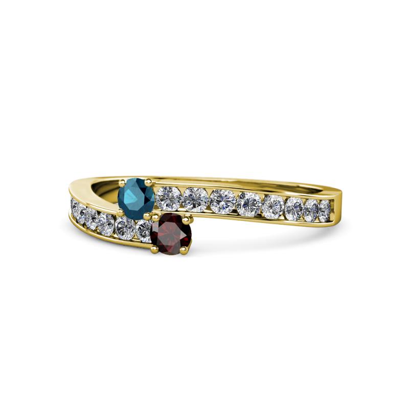 Orane Blue Diamond and Red Garnet with Side Diamonds Bypass Ring 