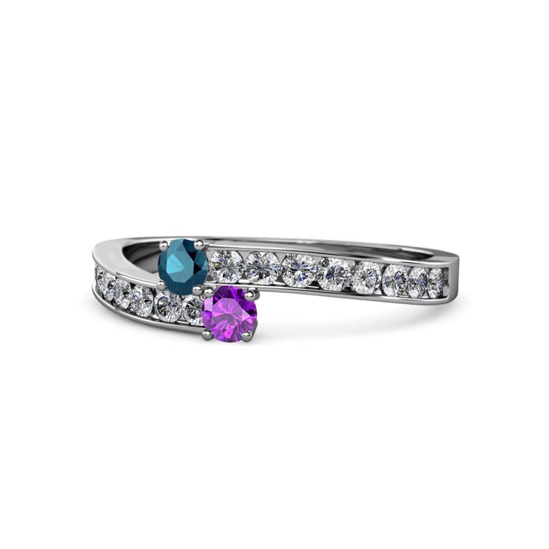 Orane Blue Diamond and Amethyst with Side Diamonds Bypass Ring 