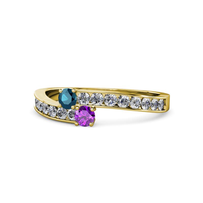 Orane Blue Diamond and Amethyst with Side Diamonds Bypass Ring 