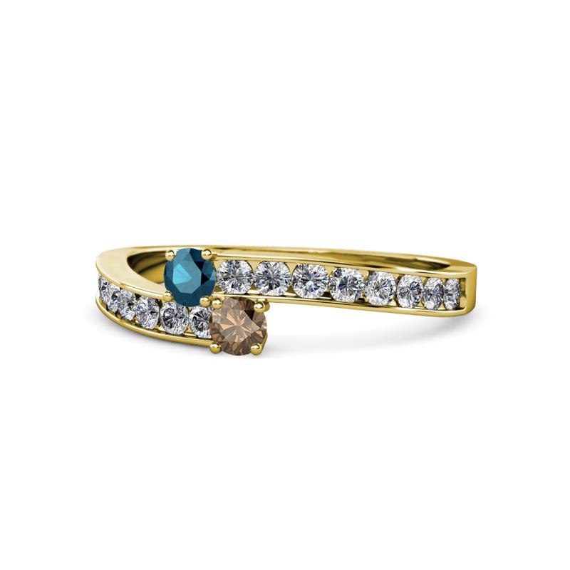 Orane Blue Diamond and Smoky Quartz with Side Diamonds Bypass Ring 
