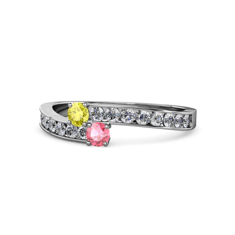 Orane Yellow Diamond and Pink Tourmaline with Side Diamonds Bypass Ring 