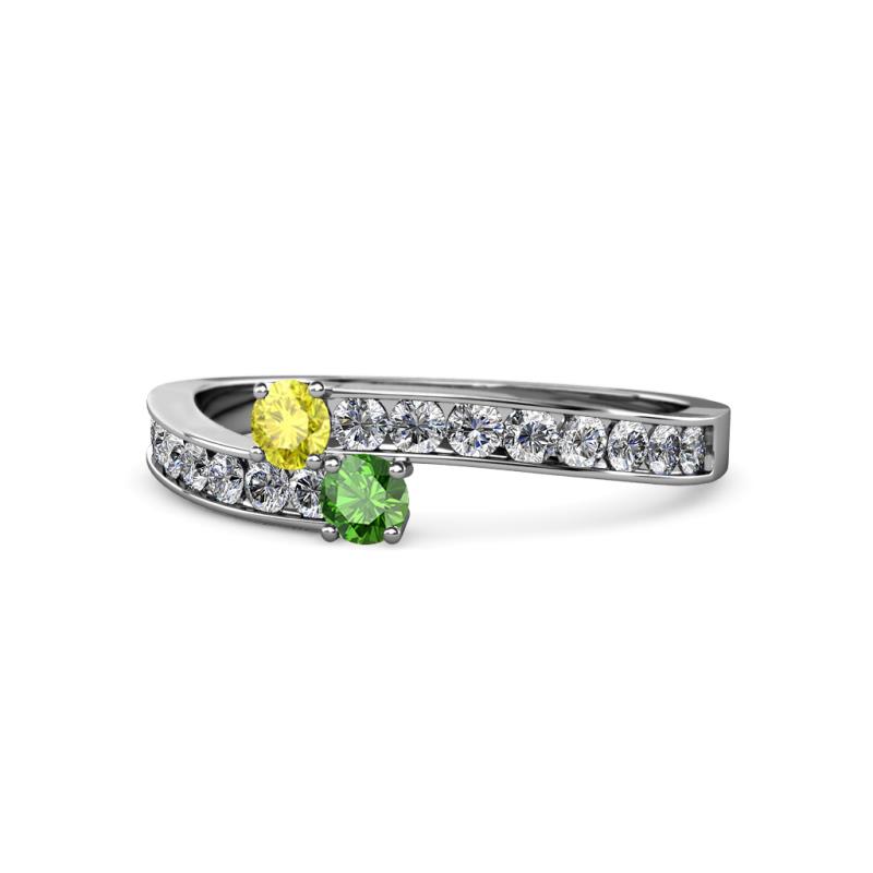 Orane Yellow Diamond and Green Garnet with Side Diamonds Bypass Ring 