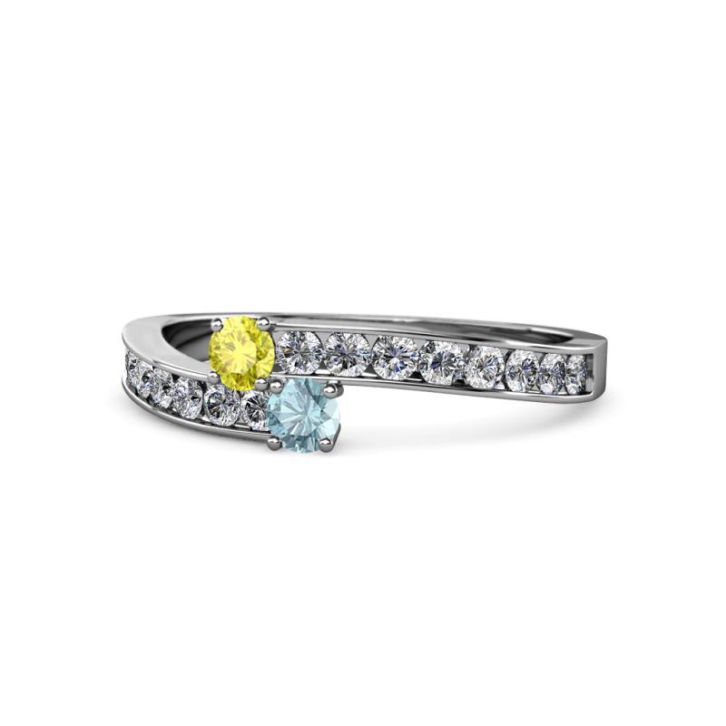 Orane Yellow Diamond and Aquamarine with Side Diamonds Bypass Ring 