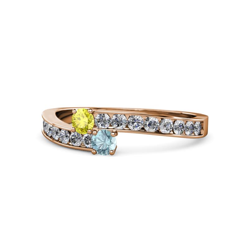 Orane Yellow Diamond and Aquamarine with Side Diamonds Bypass Ring 