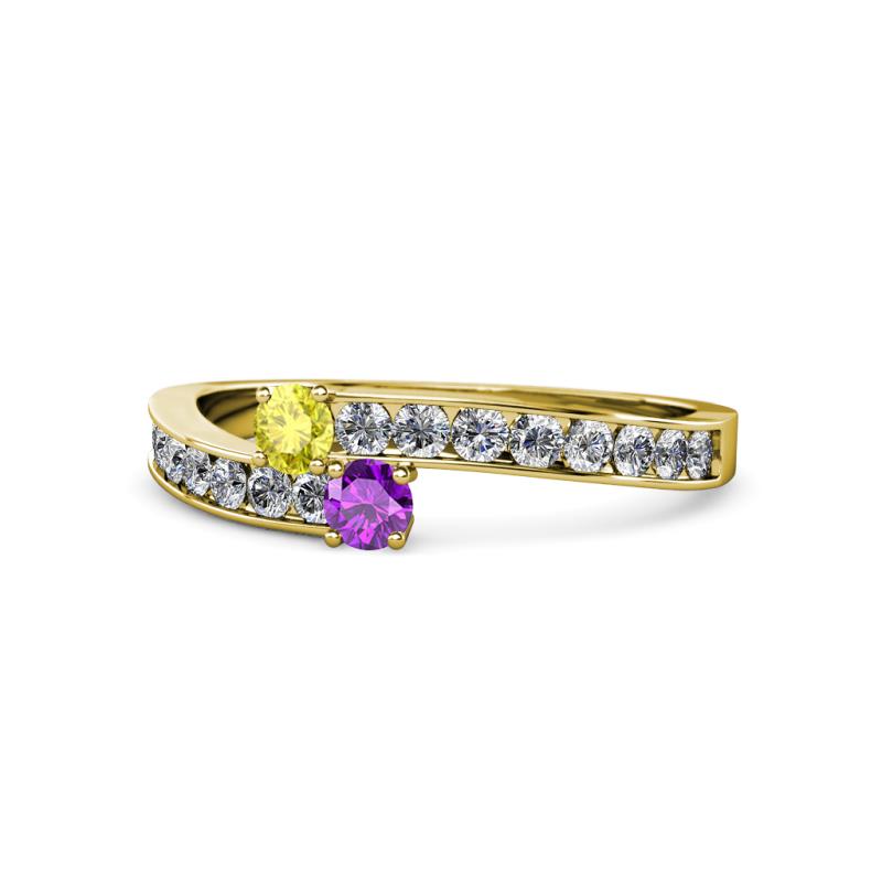 Orane Yellow Diamond and Amethyst with Side Diamonds Bypass Ring 