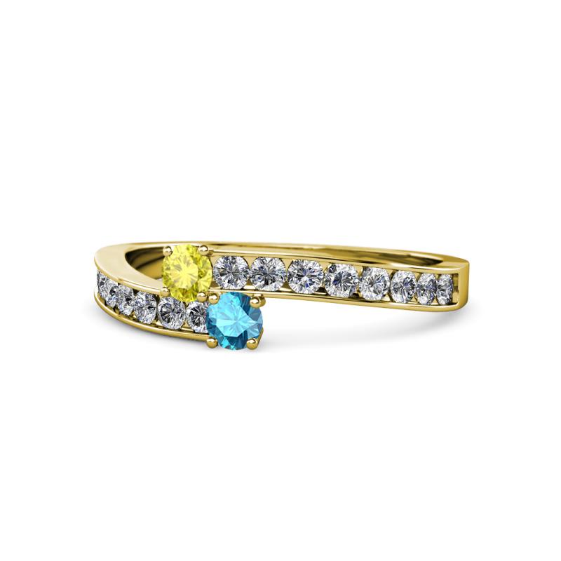 Orane Yellow Diamond and London Blue Topaz with Side Diamonds Bypass Ring 