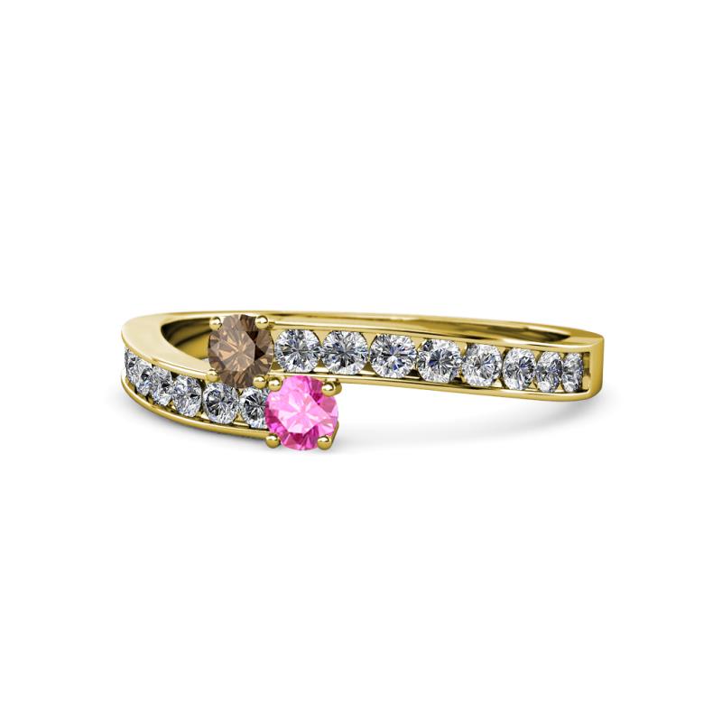 Orane Smoky Quartz and Pink Sapphire with Side Diamonds Bypass Ring 