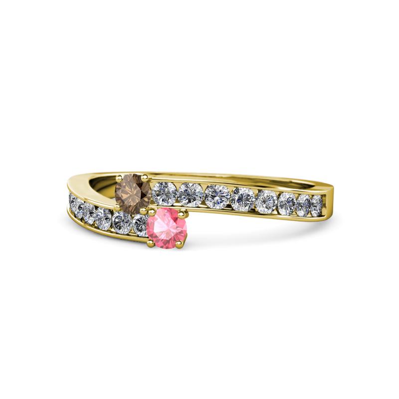 Orane Smoky Quartz and Pink Tourmaline with Side Diamonds Bypass Ring 