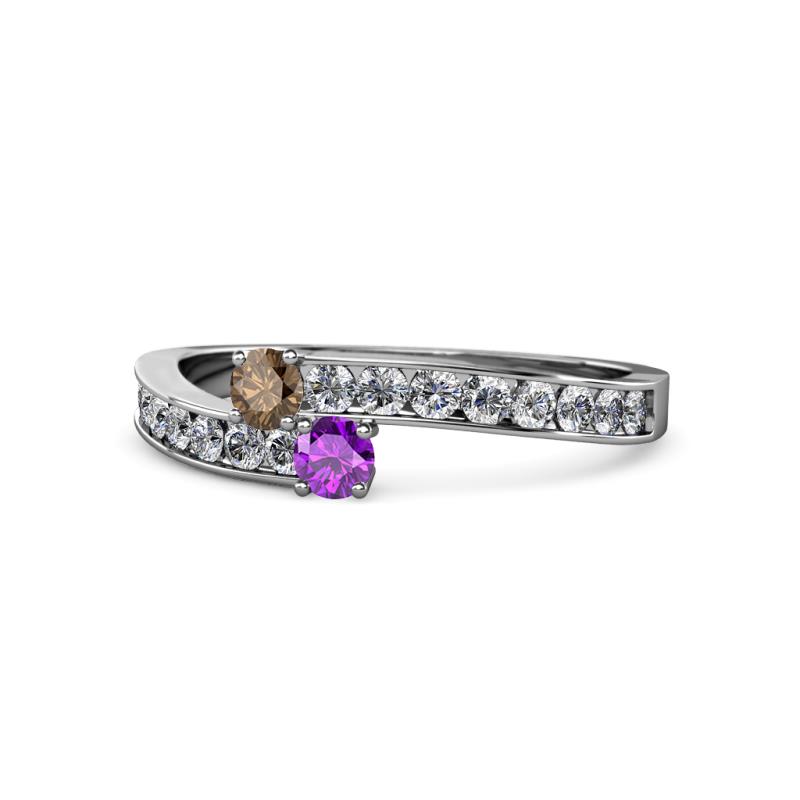Orane Smoky Quartz and Amethyst with Side Diamonds Bypass Ring 