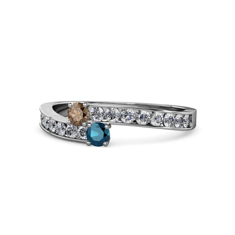 Orane Smoky Quartz and Blue Diamond with Side Diamonds Bypass Ring 