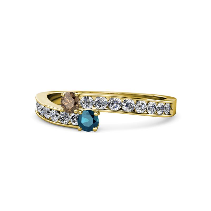 Orane Smoky Quartz and Blue Diamond with Side Diamonds Bypass Ring 
